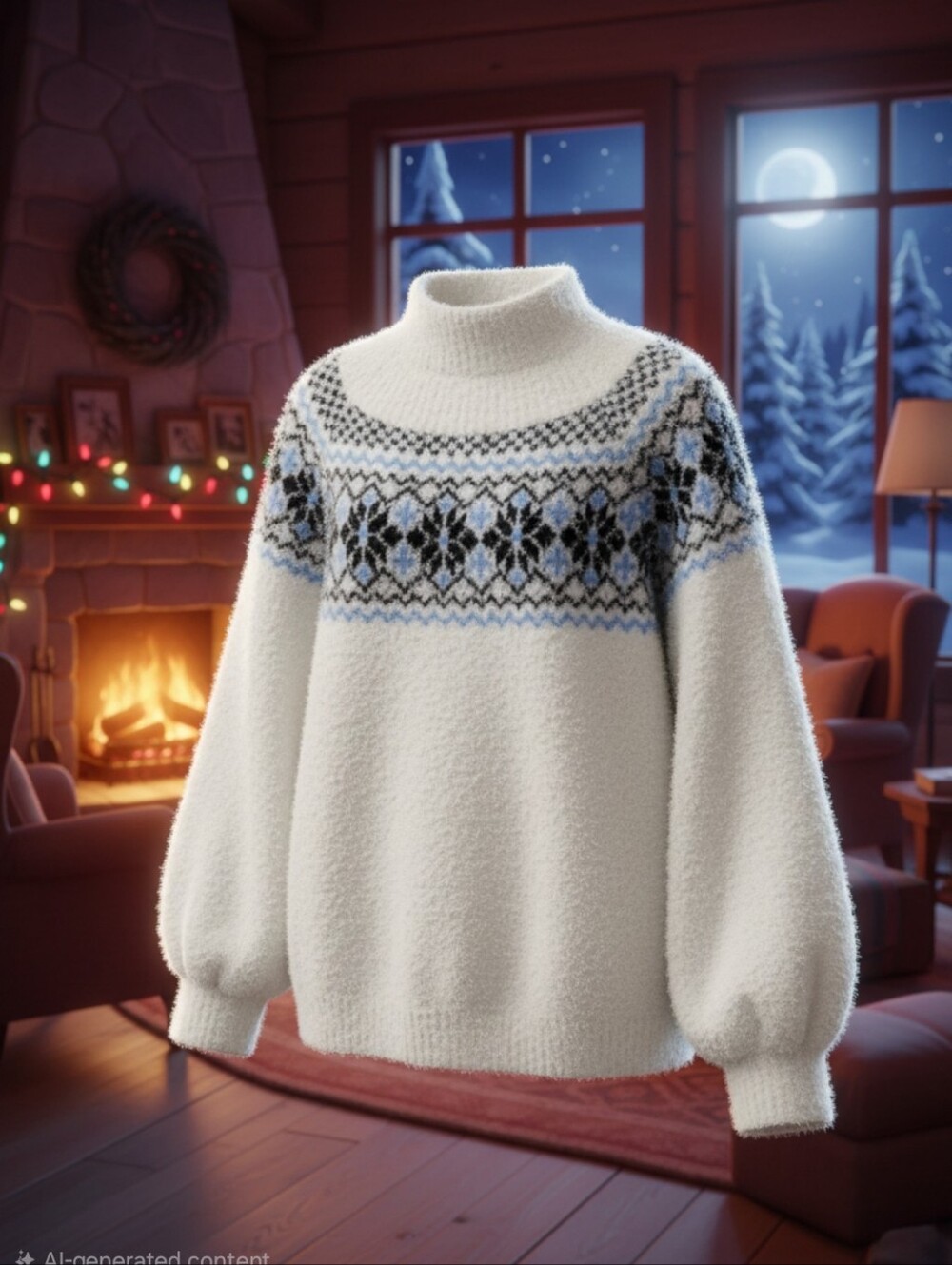 Premise Cream Turtleneck Sweater with Blue & Black Fair Isle Yoke